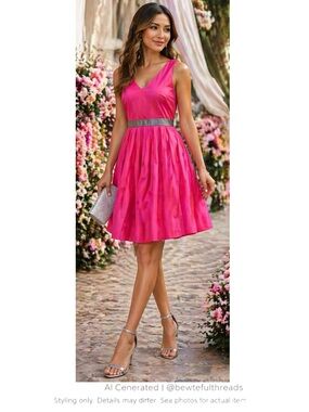 Pink Fit & Flare Pocket Dress Gray Waist Sleeveless Sz 12
